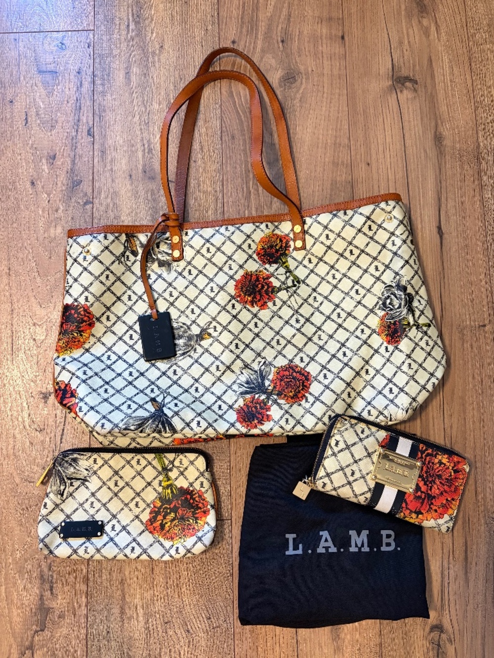 L.A.M.B. Gwen Stefani Vintage Floral Marigold Set Tote Wallet Cosmetic Bag